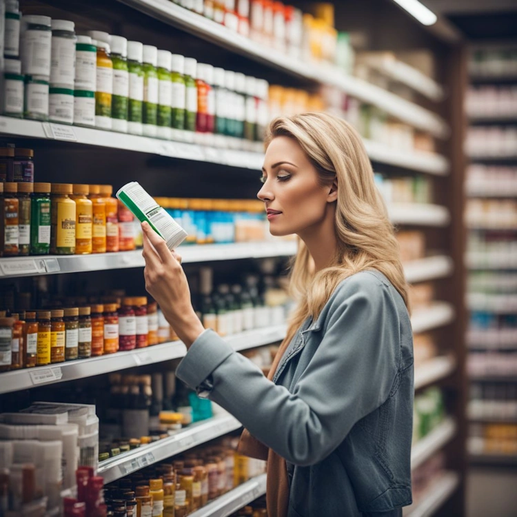 A woman carefully reads vitamin labels in a health store surrounded by shelves of colorful supplement bottles.