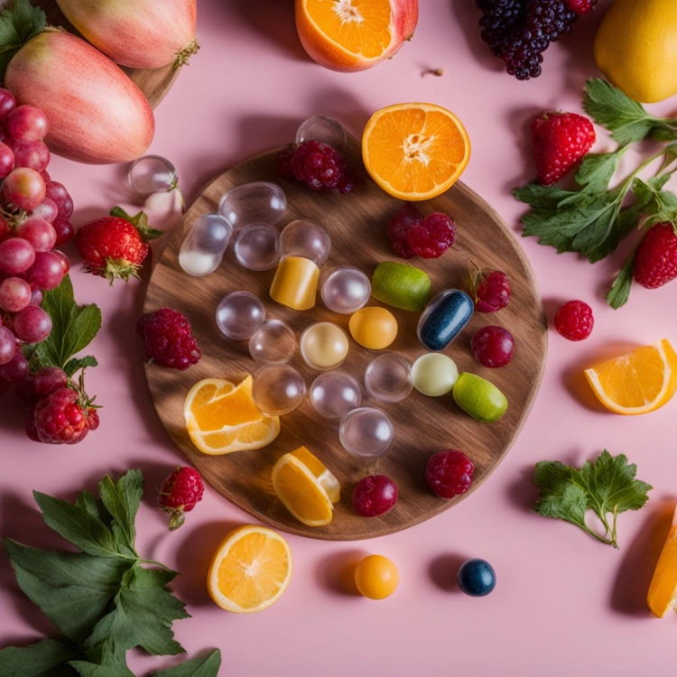 A photo of Ritual Essential for Women 18+ Multivitamin surrounded by colorful fruits and vegetables.