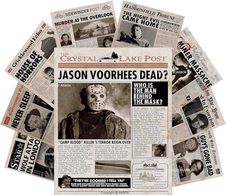  AKBOK Vintage Horror Movie Newspaper Article Poster Classic Scary Movie Character Poster Newspaper Art Prints Home Theater Set for Man Cave Living Room